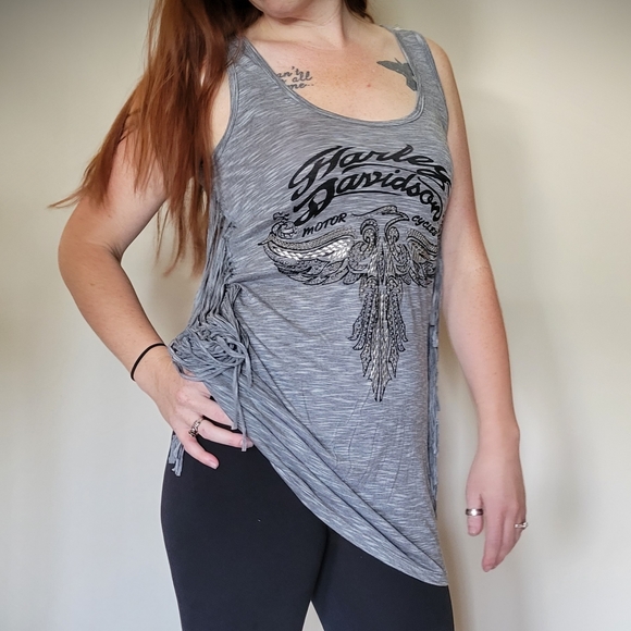 Harley Davidson Long Grey Tank Top w/ Fringe - Picture 4 of 6
